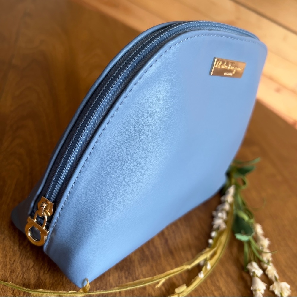 Salvatore Ferragamo Blue Faux Leather Turkish Airline Zip Closure Makeup Pouch - Picture 2 of 9